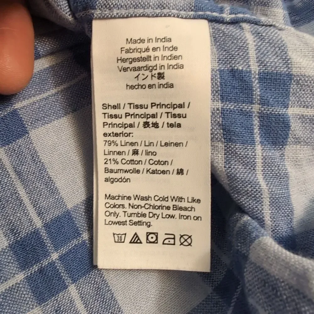 JCrew Shirt Mens L‎ Blue Plaid Slim Fit Linen Bkend Button Down Casual EUC